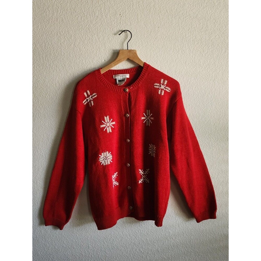 Vintage Leslie Fay Size Large Christmas Snowflakes Cardigan Sweater